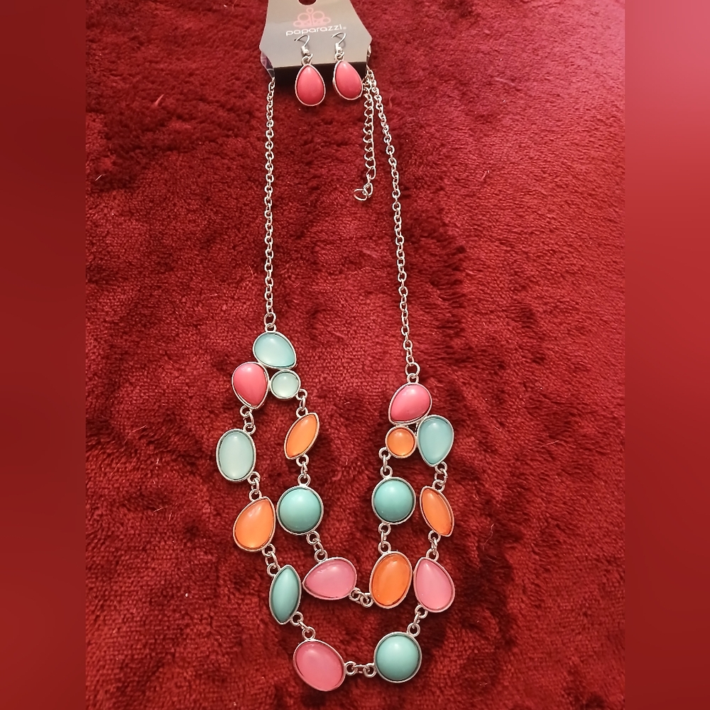 Paparazzi Pink, Orange, and Green Necklace Set with 2 Inch Extender.
